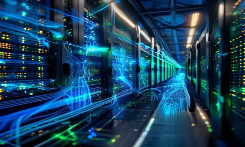 A server rack glowing with blue and green lights, data streams flowing across network cables, with a smartphone and IoT devices connected in the foreground, representing distributed edge computing arc
