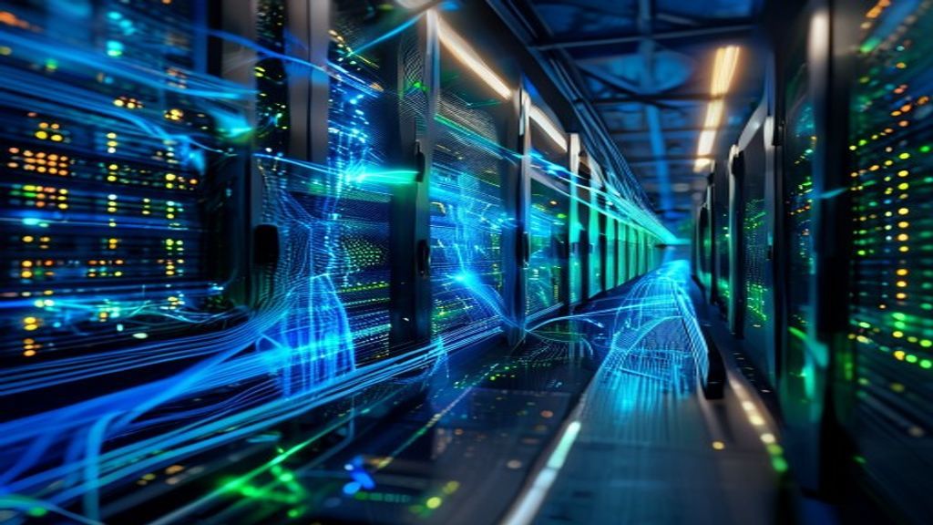 A server rack glowing with blue and green lights, data streams flowing across network cables, with a smartphone and IoT devices connected in the foreground, representing distributed edge computing arc