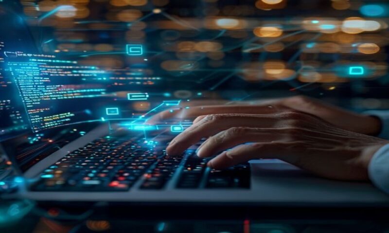 A developer's hands typing code on a laptop, holographic API request chains floating above the keyboard, server infrastructure glowing in the background, interconnected nodes pulsing with light. Cinem