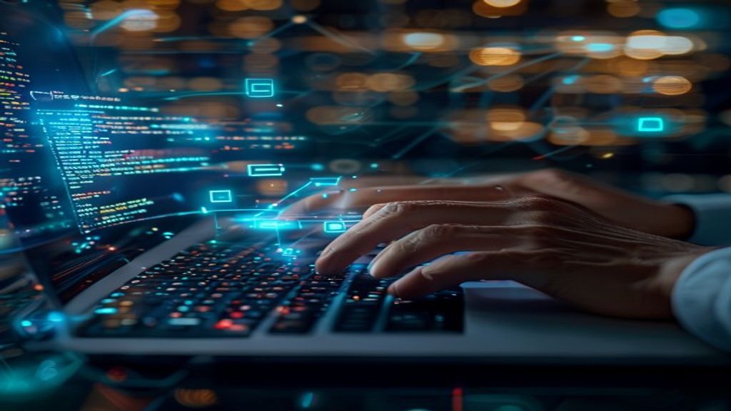 A developer's hands typing code on a laptop, holographic API request chains floating above the keyboard, server infrastructure glowing in the background, interconnected nodes pulsing with light. Cinem