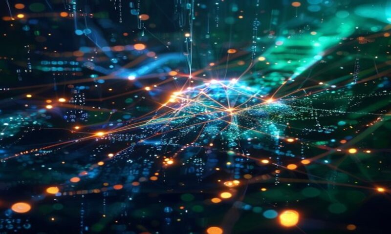 A glowing digital neural network with interconnected nodes forming abstract code patterns, streams of light flowing through geometric structures representing data processing, deep blues and electric g