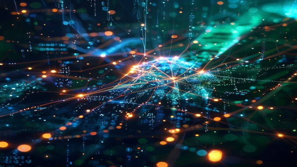 A glowing digital neural network with interconnected nodes forming abstract code patterns, streams of light flowing through geometric structures representing data processing, deep blues and electric g