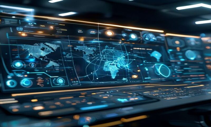 A sleek command center dashboard displaying interconnected AI agent nodes flowing across a glowing network, with holographic data streams and control interfaces, sophisticated enterprise workspace aes