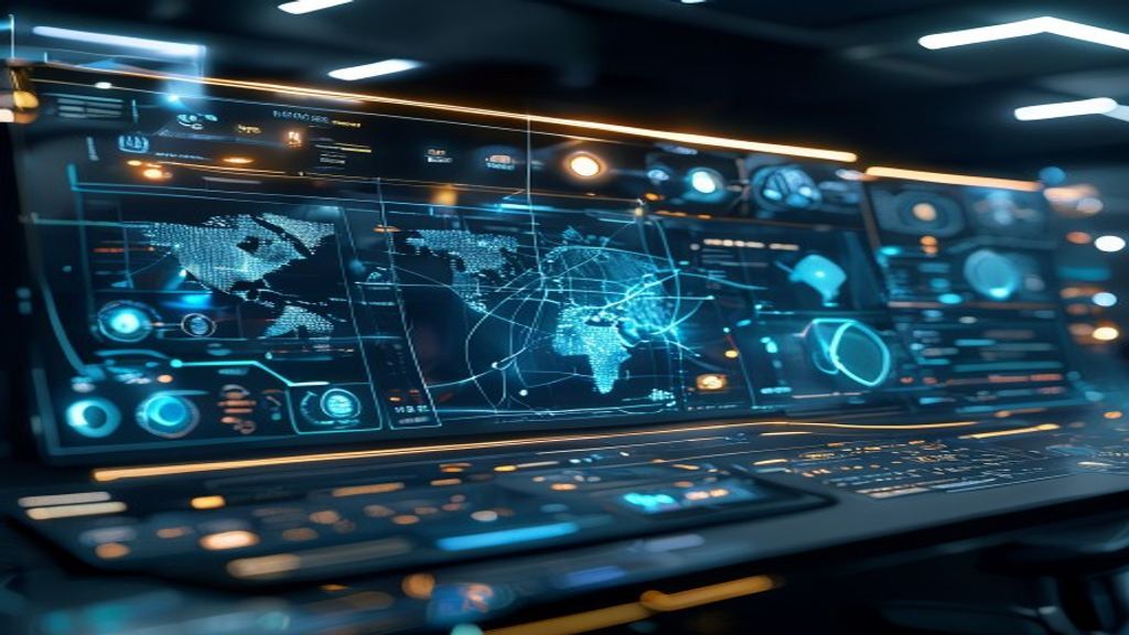 A sleek command center dashboard displaying interconnected AI agent nodes flowing across a glowing network, with holographic data streams and control interfaces, sophisticated enterprise workspace aes