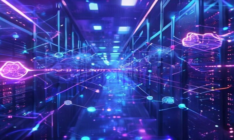 Futuristic cloud infrastructure dashboard with interconnected nodes representing different AI models, glowing neural networks, abstract data streams flowing between nodes, professional server room lig