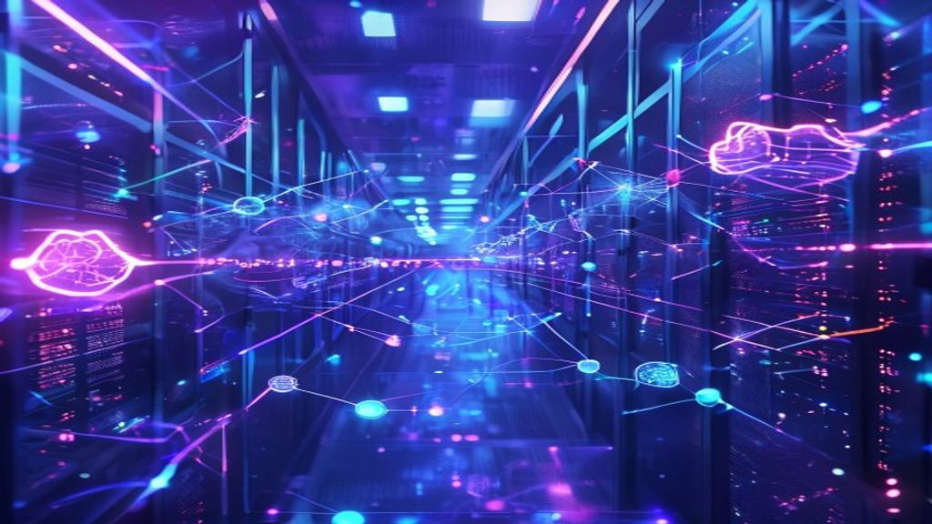 Futuristic cloud infrastructure dashboard with interconnected nodes representing different AI models, glowing neural networks, abstract data streams flowing between nodes, professional server room lig