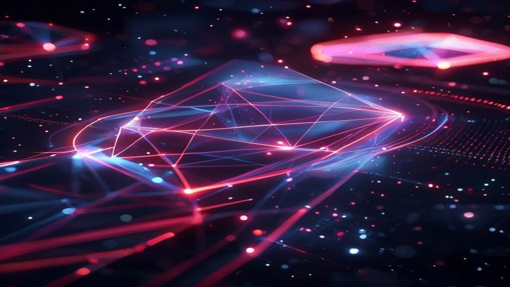 3D holographic geometric shapes morphing and rotating in dark space, glowing neon edges, digital light trails, abstract futuristic visualization of artificial intelligence generation, cinematic, profe