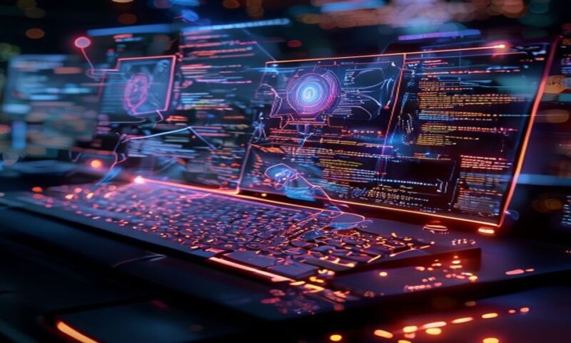 A developer's screen glowing with flowing code streams, AI-generated visual patterns highlighting and fixing bugs in real-time, holographic debugging nodes floating above a keyboard, neon logic gates