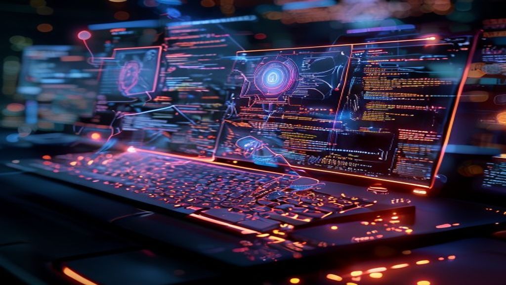 A developer's screen glowing with flowing code streams, AI-generated visual patterns highlighting and fixing bugs in real-time, holographic debugging nodes floating above a keyboard, neon logic gates