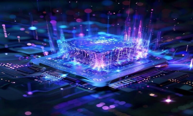 A quantum computer's crystalline lattice structure glowing with electric blue and purple energy pulses, surrounded by floating holographic data streams and mathematical equations, with a sleek circuit