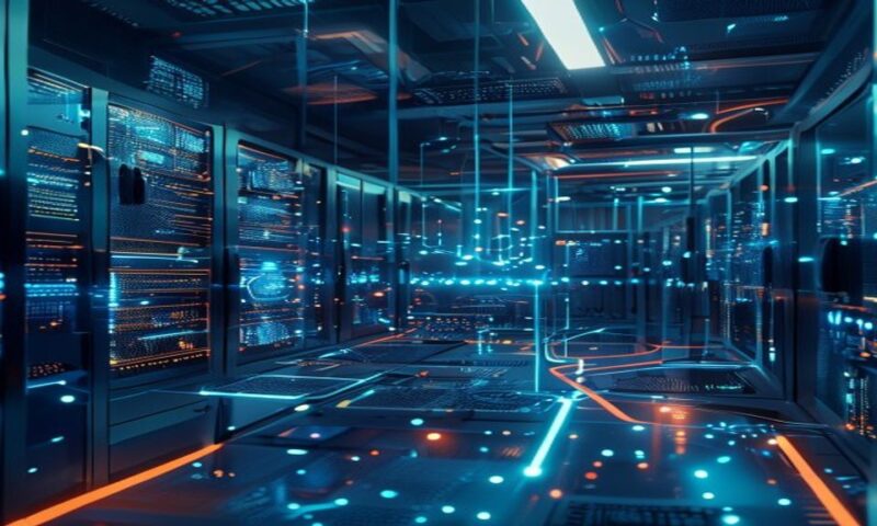 Futuristic server room with glowing microchip architecture, neural network nodes interconnecting in blue light, custom model blocks assembling dynamically, enterprise-scale infrastructure visualizatio