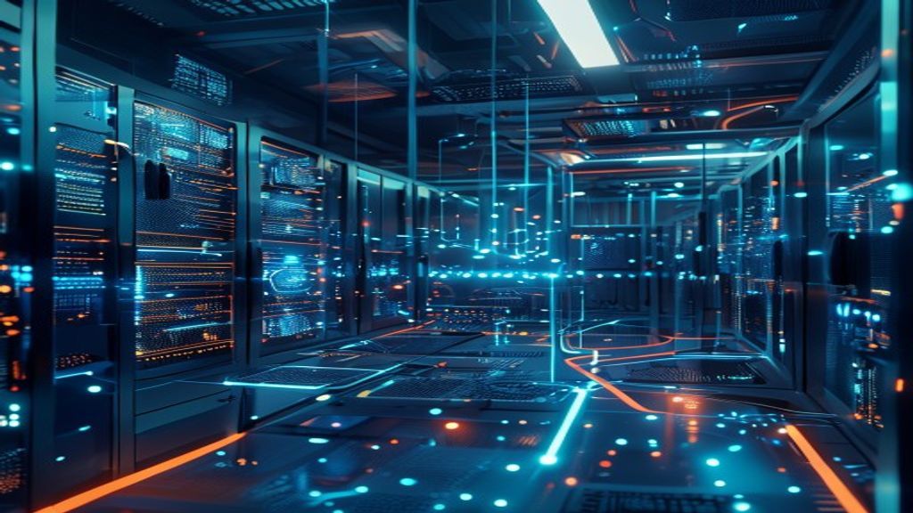 Futuristic server room with glowing microchip architecture, neural network nodes interconnecting in blue light, custom model blocks assembling dynamically, enterprise-scale infrastructure visualizatio