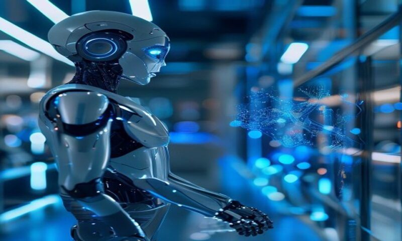 A sleek humanoid robot with smooth metallic limbs and glowing optical sensors, standing in a modern laboratory with blue ambient lighting, positioned next to flowing digital neural network visualizati