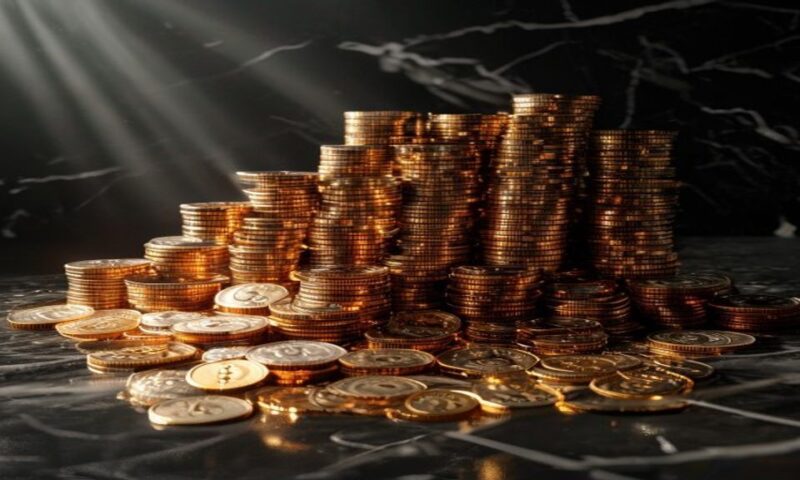 Massive stack of gleaming US currency and cryptocurrency coins arranged in ascending pyramid formation, symbolizing unprecedented venture capital valuation, shot against dark marble background with dr