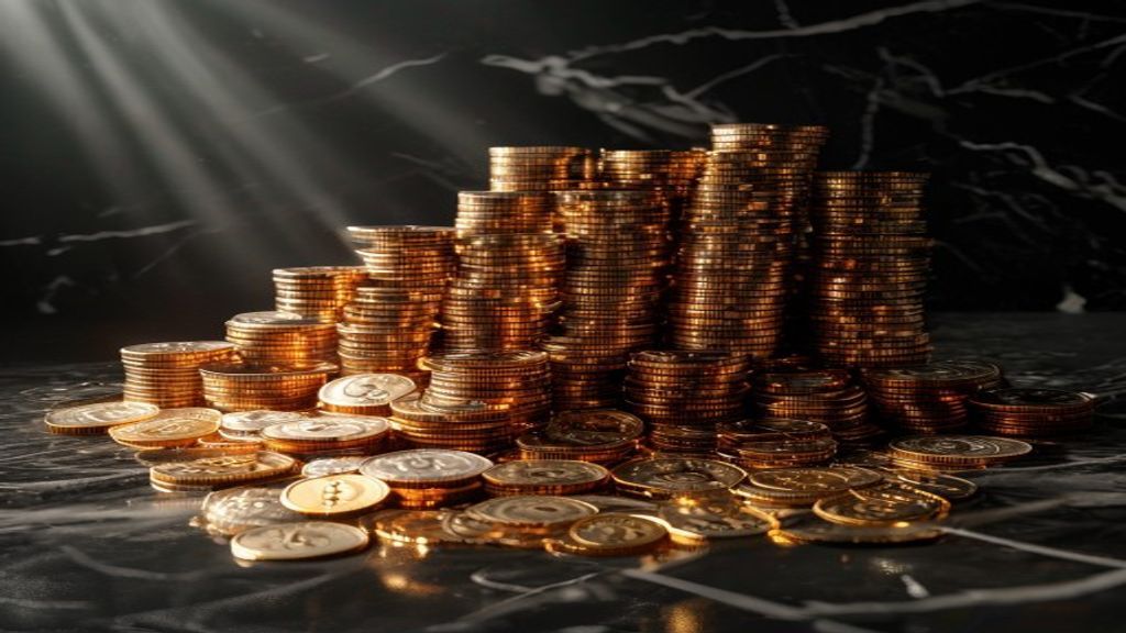 Massive stack of gleaming US currency and cryptocurrency coins arranged in ascending pyramid formation, symbolizing unprecedented venture capital valuation, shot against dark marble background with dr