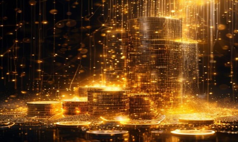 A towering stack of gleaming gold coins cascading like waterfalls, surrounded by glowing network nodes and interconnected light paths, symbolizing massive capital flow and technological advancement, c