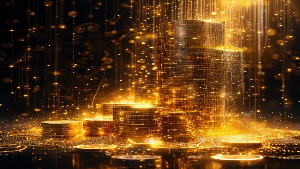 A towering stack of gleaming gold coins cascading like waterfalls, surrounded by glowing network nodes and interconnected light paths, symbolizing massive capital flow and technological advancement, c