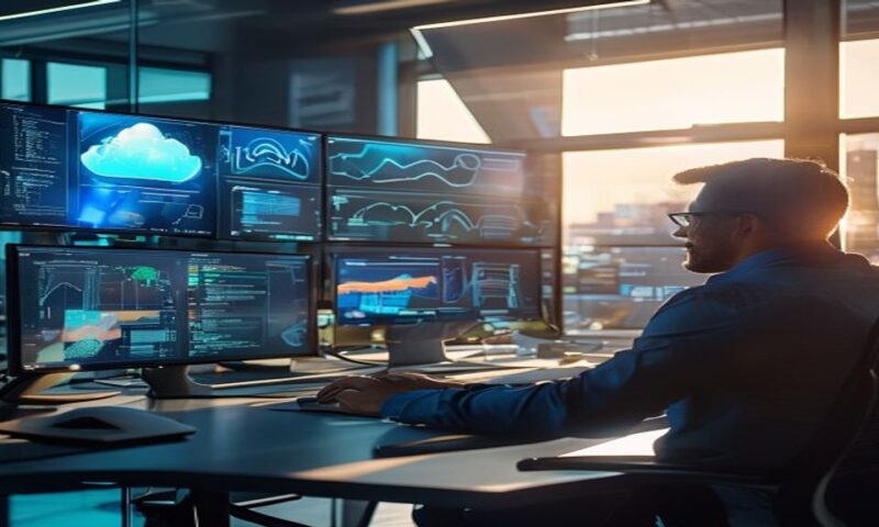 A tech executive studying cloud infrastructure diagrams with AWS and Azure logos visible, sunlight streaming through office windows, multiple monitors displaying AI model comparisons, cinematic, profe