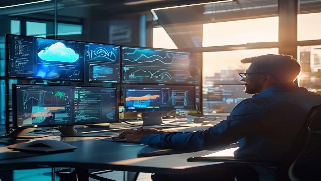 A tech executive studying cloud infrastructure diagrams with AWS and Azure logos visible, sunlight streaming through office windows, multiple monitors displaying AI model comparisons, cinematic, profe