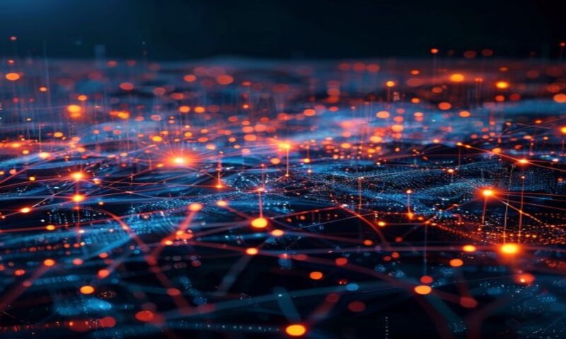 Advanced AI neural network visualization with interconnected nodes processing text, images, audio, and video streams simultaneously, glowing data flows, abstract tech landscape, cinematic, professiona