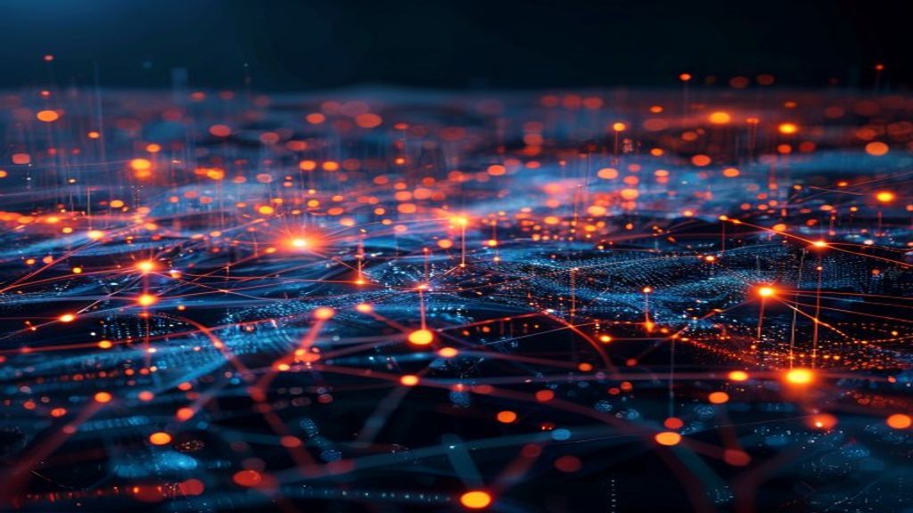 Advanced AI neural network visualization with interconnected nodes processing text, images, audio, and video streams simultaneously, glowing data flows, abstract tech landscape, cinematic, professiona