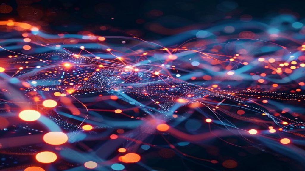 Abstract visualization of neural networks processing multiple data streams—text, images, and video flowing together—with glowing nodes and connections, representing unified AI reasoning, cinematic