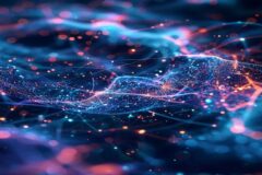 Abstract visualization of interconnected neural networks processing multiple data streams—text, colorful waveforms, and image fragments flowing through luminous pathways, centered composition with d