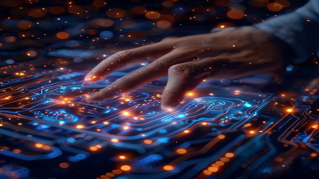 Digital hands navigating glowing website interfaces in dark space, holographic web elements floating around circuitry patterns, autonomous agent concept, cinematic, professional photography, 4k, depth