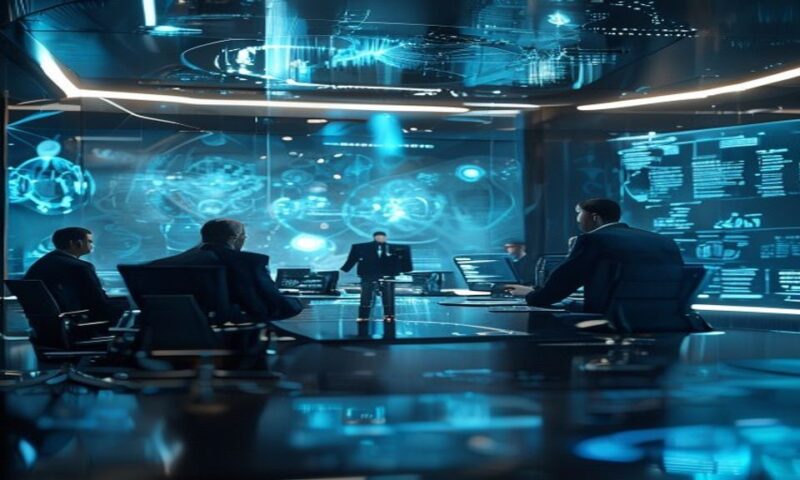 Sleek government war room with holographic displays showing interconnected tech networks and classified data streams, suited officials reviewing contracts, subtle tension in the air, cool blue lightin