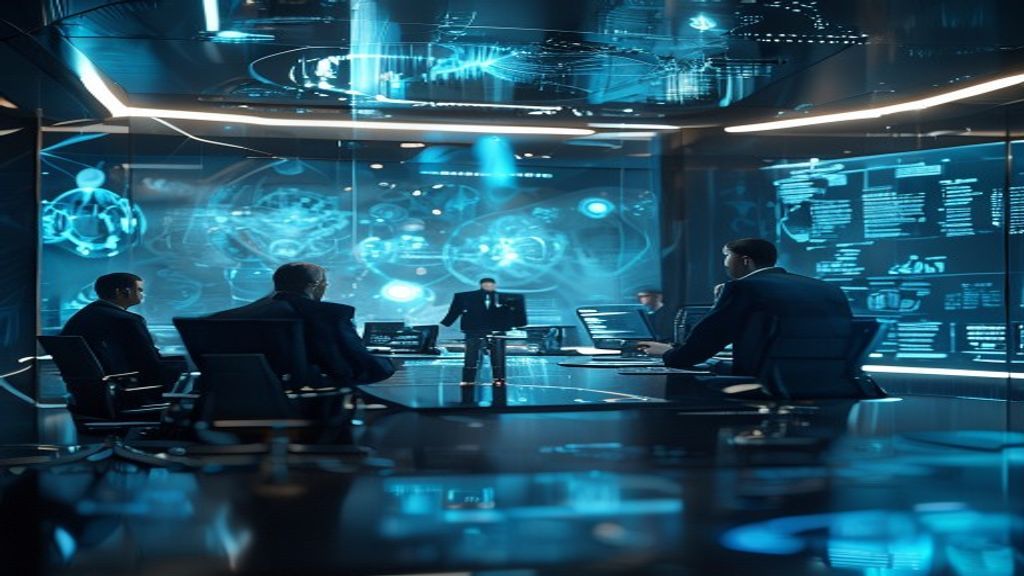Sleek government war room with holographic displays showing interconnected tech networks and classified data streams, suited officials reviewing contracts, subtle tension in the air, cool blue lightin