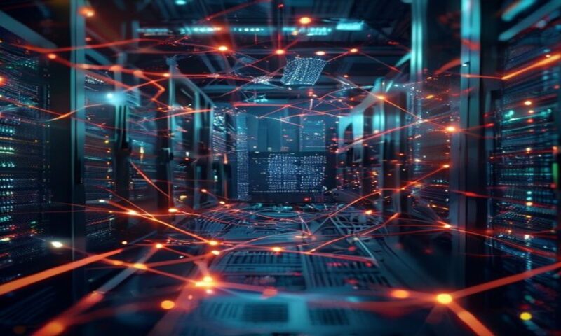 Glowing interconnected nodes forming a citation web above an open server rack, light trails connecting data points, holographic source documents floating in ambient tech environment, cinematic, profes