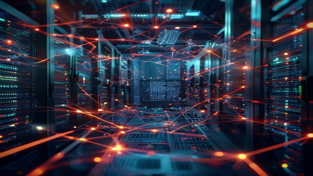 Glowing interconnected nodes forming a citation web above an open server rack, light trails connecting data points, holographic source documents floating in ambient tech environment, cinematic, profes