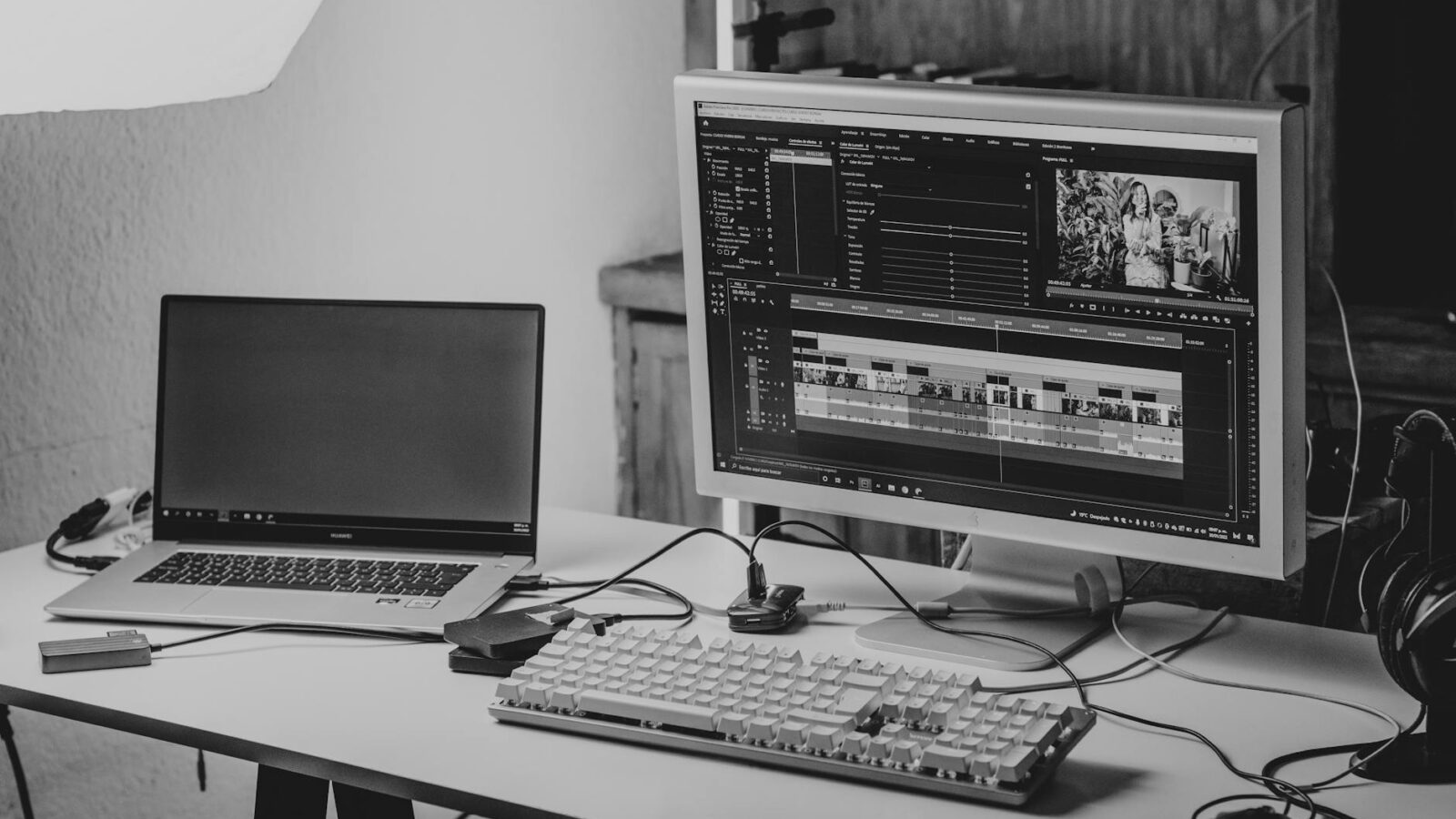 A monochrome workspace setup featuring a laptop and monitor for video editing.