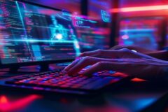 Developer's hands typing code on keyboard, holographic video frames floating above monitor, vibrant neon light trails showing motion and transformation, modern studio lighting, cinematic, professional