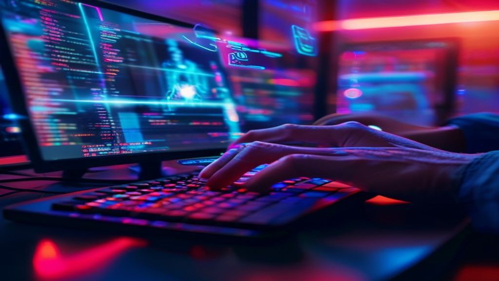 Developer's hands typing code on keyboard, holographic video frames floating above monitor, vibrant neon light trails showing motion and transformation, modern studio lighting, cinematic, professional
