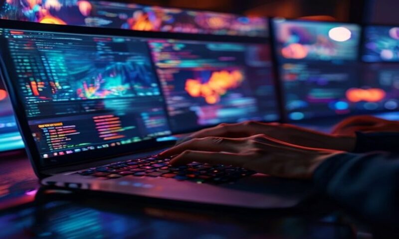A developer's hands typing code on a sleek laptop, with vibrant video frames and motion graphics flowing across multiple monitors, representing real-time video generation and editing capabilities. cin