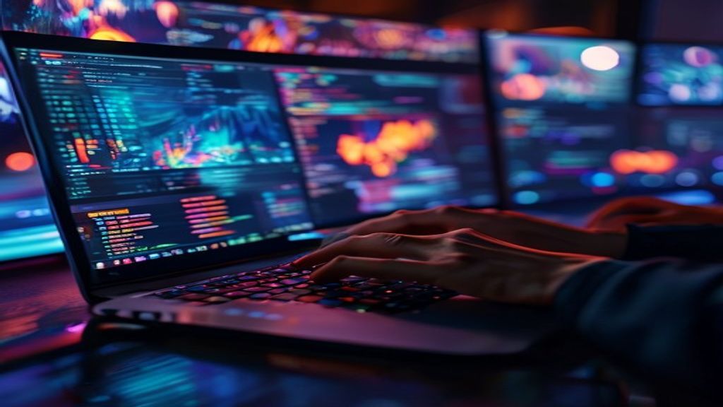 A developer's hands typing code on a sleek laptop, with vibrant video frames and motion graphics flowing across multiple monitors, representing real-time video generation and editing capabilities. cin