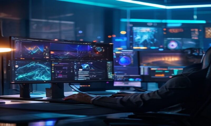 Professional developer editing video frames in real-time on a sleek workstation, holographic video timeline floating above desk, 4K video rendering on multiple monitors, futuristic studio lighting, ci