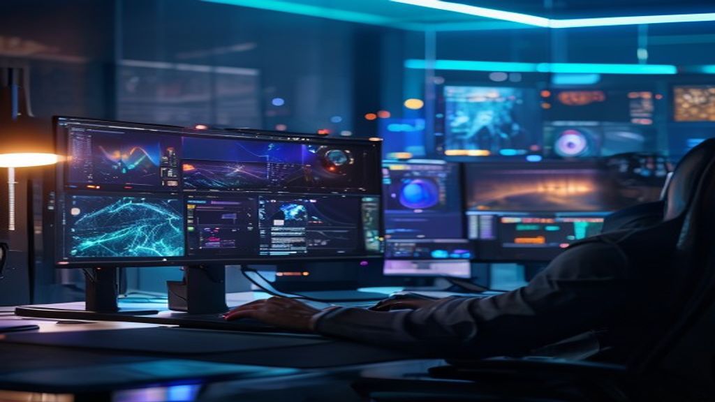 Professional developer editing video frames in real-time on a sleek workstation, holographic video timeline floating above desk, 4K video rendering on multiple monitors, futuristic studio lighting, ci