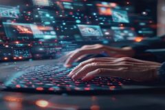A developer's hands typing at a sleek desk with holographic video frames floating above the keyboard, morphing and editing in real-time, streams of light connecting code to visual content, cinematic,