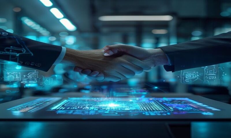 Two tech companies merging, handshake over glowing digital interface showing image generation algorithms and design tools converging, modern office setting with holographic AI visualization, cinematic