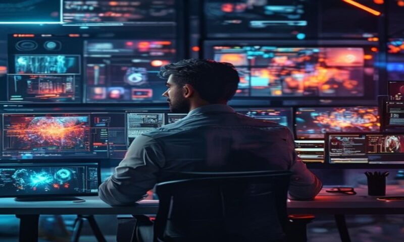 Developer integrating AI image generation API into workflow, multiple screens showing photorealistic generated images with advanced composition controls, modern workspace, glowing interface elements,