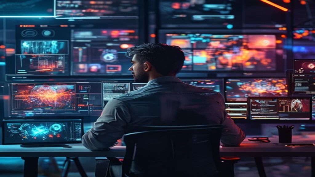 Developer integrating AI image generation API into workflow, multiple screens showing photorealistic generated images with advanced composition controls, modern workspace, glowing interface elements,