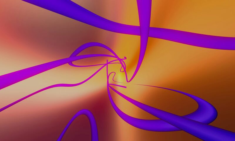 Colorful abstract digital art featuring dynamic curved purple lines on a warm gradient background.
