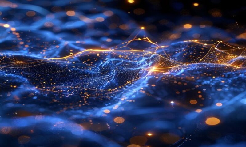 Abstract visualization of mathematical equations and neural network pathways flowing through crystalline structures, glowing with electric blue and gold light, representing breakthrough AI computation