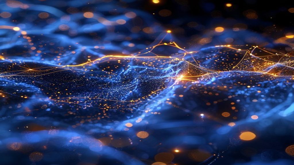 Abstract visualization of mathematical equations and neural network pathways flowing through crystalline structures, glowing with electric blue and gold light, representing breakthrough AI computation