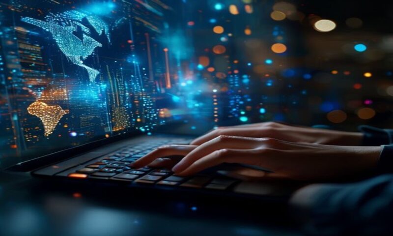 Developer hands typing on keyboard with holographic data streams and real-time information feeds flowing across a dark monitor, neural network patterns glowing in background, cinematic, professional p