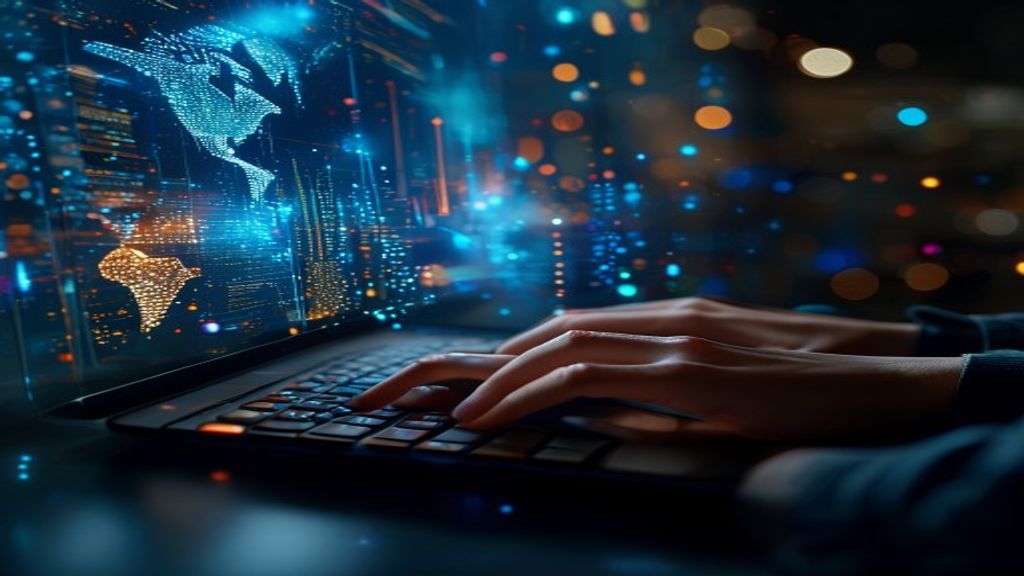 Developer hands typing on keyboard with holographic data streams and real-time information feeds flowing across a dark monitor, neural network patterns glowing in background, cinematic, professional p